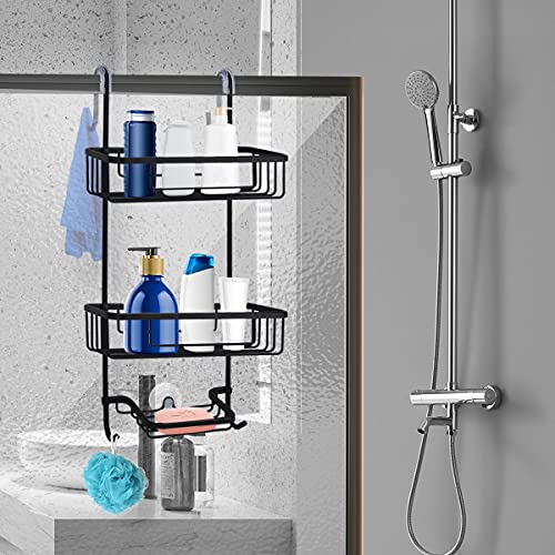 Duwee Over The Door Shower Caddy, NeverRust Aluminum Over the Shower Door Caddy, Hanging Shower Caddy for Shampoo Conditioner, 3 Tier Bathroom Shelf Organizer with Hooks for Razors Towels(Black)