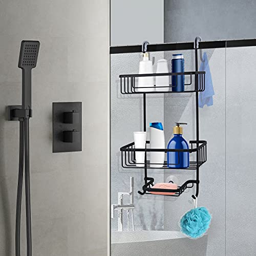 Duwee Over The Door Shower Caddy, NeverRust Aluminum Over the Shower Door Caddy, Hanging Shower Caddy for Shampoo Conditioner, 3 Tier Bathroom Shelf Organizer with Hooks for Razors Towels(Black)