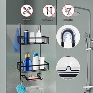 Duwee Over The Door Shower Caddy, NeverRust Aluminum Over the Shower Door Caddy, Hanging Shower Caddy for Shampoo Conditioner, 3 Tier Bathroom Shelf Organizer with Hooks for Razors Towels(Black)