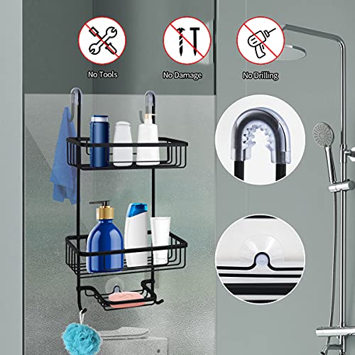 Duwee Over The Door Shower Caddy, NeverRust Aluminum Over the Shower Door Caddy, Hanging Shower Caddy for Shampoo Conditioner, 3 Tier Bathroom Shelf Organizer with Hooks for Razors Towels(Black)