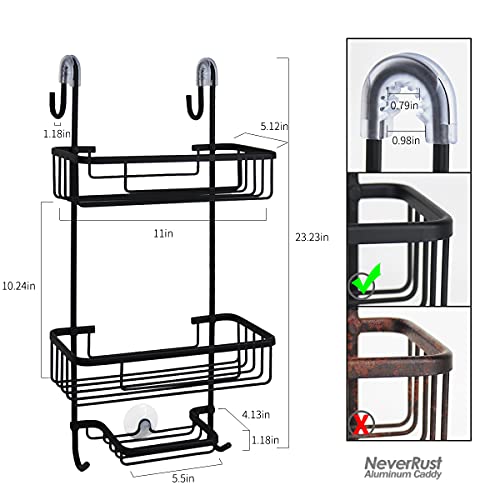 Duwee Over The Door Shower Caddy, NeverRust Aluminum Over the Shower Door Caddy, Hanging Shower Caddy for Shampoo Conditioner, 3 Tier Bathroom Shelf Organizer with Hooks for Razors Towels(Black)