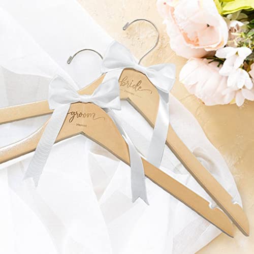 Heread Bow Knot Wedding Hangers Natural Wood Color Bride Dress Hanger Groom Suit Hanger Engraved Wedding Grown Hanger for Women and Men (Bride and Groom (Pack of 2))