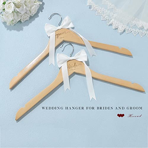 Heread Bow Knot Wedding Hangers Natural Wood Color Bride Dress Hanger Groom Suit Hanger Engraved Wedding Grown Hanger for Women and Men (Bride and Groom (Pack of 2))