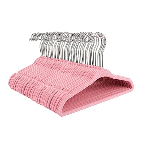 Pink Polka Dot Velvet Clothes Hangers for Baby Nursery and Kids Closet, Ultra Thin, Nonslip (11 Inches, 50 Pack)