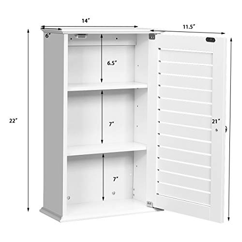 GLACER Medicine Cabinet, Wall Mounted Bathroom Storage Cabinet with Single Louvered Door and Adjustable Shelves, Perfect for Bathroom, Kitchen, Living Room, 14 x 6 x 22 inches (White)