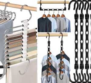 24 Pack Magic Space Saving Hangers+2 Pack Upgrade 9 Layers Pants Hangers Space Saving for Wardrobe Apartment College Dorm Room Essentials