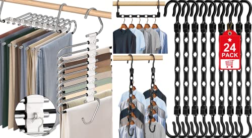 24 Pack Magic Space Saving Hangers+2 Pack Upgrade 9 Layers Pants Hangers Space Saving for Wardrobe Apartment College Dorm Room Essentials