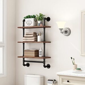 Industrial Bathroom Shelves Rustic Wood Shelves with Towel Bar 24" Farmhouse Shelf for Wall Pipe Shelving-3 Layer