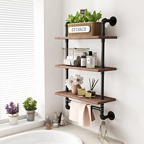 Industrial Bathroom Shelves Rustic Wood Shelves with Towel Bar 24" Farmhouse Shelf for Wall Pipe Shelving-3 Layer