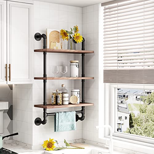 Industrial Bathroom Shelves Rustic Wood Shelves with Towel Bar 24" Farmhouse Shelf for Wall Pipe Shelving-3 Layer