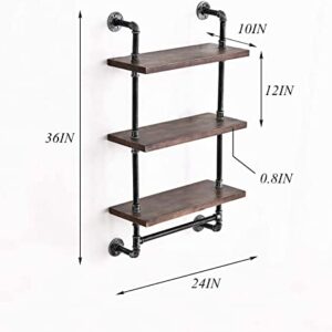 Industrial Bathroom Shelves Rustic Wood Shelves with Towel Bar 24" Farmhouse Shelf for Wall Pipe Shelving-3 Layer