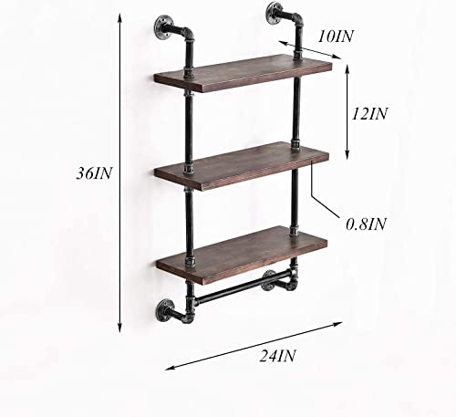 Industrial Bathroom Shelves Rustic Wood Shelves with Towel Bar 24" Farmhouse Shelf for Wall Pipe Shelving-3 Layer