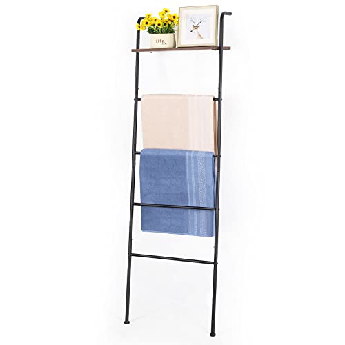 LIANTRAL Blanket Ladder, Towel Ladder for Bathroom, Wall Leaning Towel Ladder Blanket Holder Rack with Wood Shelf for Living Room Bathroom, Decorative Ladder for Blankets (5-Tiers, Black)