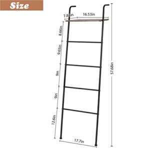 LIANTRAL Blanket Ladder, Towel Ladder for Bathroom, Wall Leaning Towel Ladder Blanket Holder Rack with Wood Shelf for Living Room Bathroom, Decorative Ladder for Blankets (5-Tiers, Black)