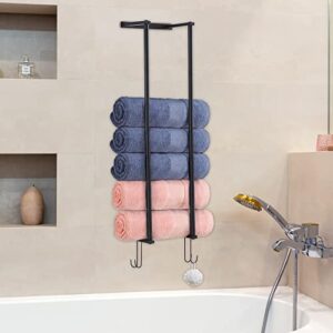 MallKing Wall Towel Rack, Bathroom Wall Mounted for Rolled Towels, Metal Towel Holder for Folded Large Towel Washcloths, Bath Towel Storage with 4 Hooks (Matte Black)