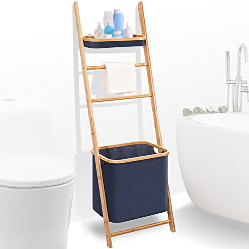 SerenelifeHome Wooden Bath Towel Ladder Rack with Drying Bar Storage Holder and Hamper Basket - Wall Leaning Decorative Blanket Throw Hanger Stand for Bathroom Floor Standing Modern Room Organizer