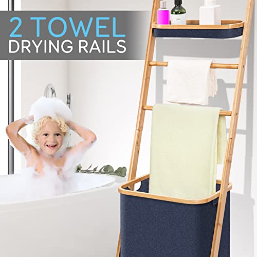 SerenelifeHome Wooden Bath Towel Ladder Rack with Drying Bar Storage Holder and Hamper Basket - Wall Leaning Decorative Blanket Throw Hanger Stand for Bathroom Floor Standing Modern Room Organizer