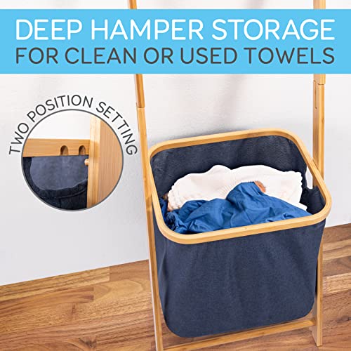 SerenelifeHome Wooden Bath Towel Ladder Rack with Drying Bar Storage Holder and Hamper Basket - Wall Leaning Decorative Blanket Throw Hanger Stand for Bathroom Floor Standing Modern Room Organizer