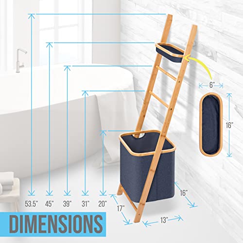 SerenelifeHome Wooden Bath Towel Ladder Rack with Drying Bar Storage Holder and Hamper Basket - Wall Leaning Decorative Blanket Throw Hanger Stand for Bathroom Floor Standing Modern Room Organizer