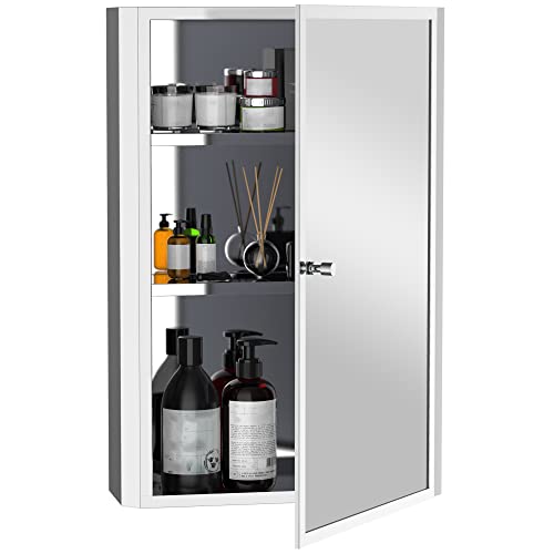 HOMCOM Bathroom Mirrored Cabinet, Vertical 16" x 24" Stainless Steel Frame Medicine Cabinet, Wall-Mounted Storage Organizer with Single Door​