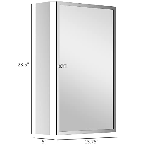 HOMCOM Bathroom Mirrored Cabinet, Vertical 16" x 24" Stainless Steel Frame Medicine Cabinet, Wall-Mounted Storage Organizer with Single Door​