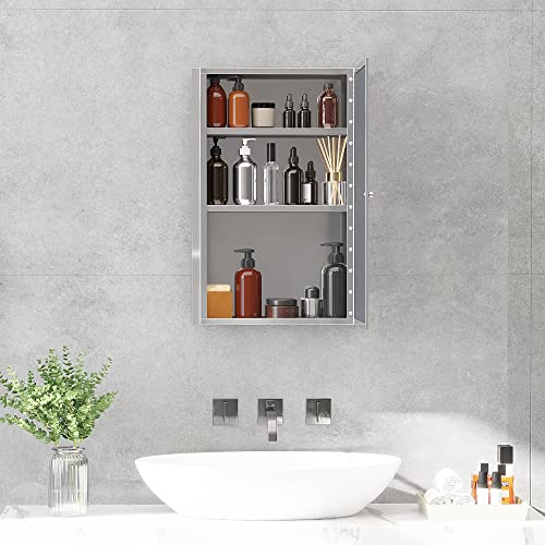 HOMCOM Bathroom Mirrored Cabinet, Vertical 16" x 24" Stainless Steel Frame Medicine Cabinet, Wall-Mounted Storage Organizer with Single Door​