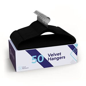 zullco black velvet hangers for women and men, 50 pack, premium non-slip clothes hanging accessories with 360° swivel hook for dress pants, jackets, dresses, and delicate garments