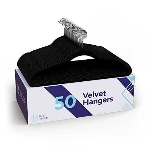 ZULLCO Black Velvet Hangers for Women and Men, 50 Pack, Premium Non-Slip Clothes Hanging Accessories with 360° Swivel Hook for Dress Pants, Jackets, Dresses, and Delicate Garments