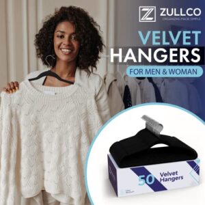 ZULLCO Black Velvet Hangers for Women and Men, 50 Pack, Premium Non-Slip Clothes Hanging Accessories with 360° Swivel Hook for Dress Pants, Jackets, Dresses, and Delicate Garments