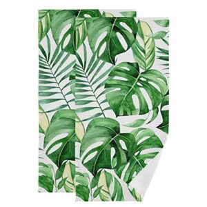 palm leaves tropical hand towels set of 2, green monstera leaf face fingertip towel for bathroom soft absorbent microfiber decorative 28x14 in gym hotel spa yoga sport