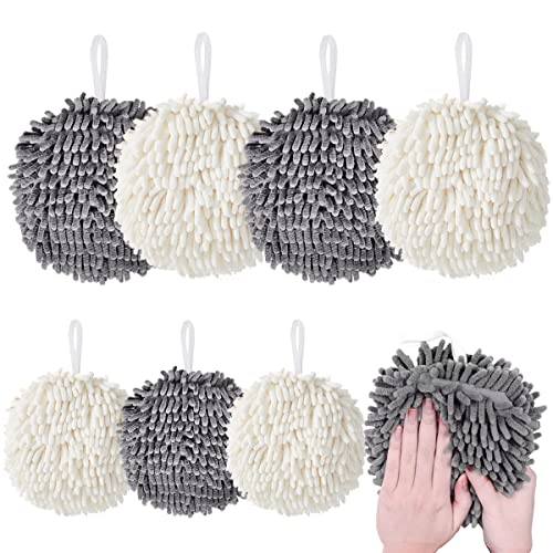 Yigood 8 Pack Chenille Hanging Hand Towel Ball with Hanging Loop Plush Quick-Drying Towel Soft High Absorbent Hand Towel for Kitchen Washstand or Powder Room(4Gray +4White)