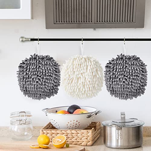 Yigood 8 Pack Chenille Hanging Hand Towel Ball with Hanging Loop Plush Quick-Drying Towel Soft High Absorbent Hand Towel for Kitchen Washstand or Powder Room(4Gray +4White)