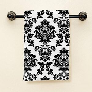 HGOD DESIGNS Flower Hand Towels White Black Damask Flower Floral Soft Hand Towel for Bathroom Kitchen Yoga Gym Decorative Towels 15"X30"