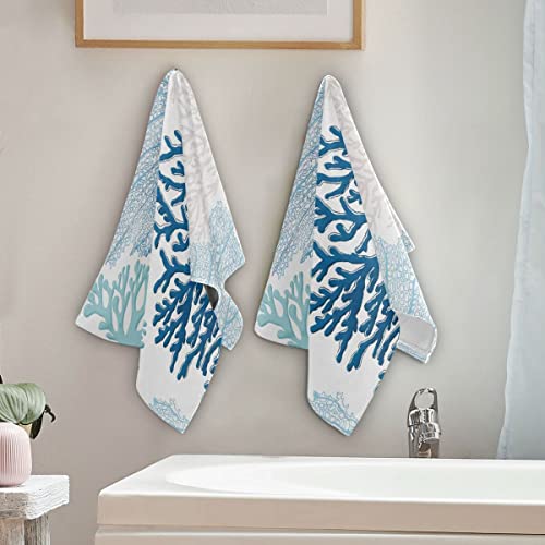 Blue Coral Hand Towel Set of 2, Nautical Teal Sea Coral Fingertip Towel Coastal Face Towel Ocean Washcloth for Farmhouse Cabin Bathroom