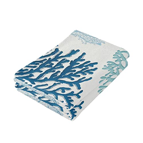 Blue Coral Hand Towel Set of 2, Nautical Teal Sea Coral Fingertip Towel Coastal Face Towel Ocean Washcloth for Farmhouse Cabin Bathroom