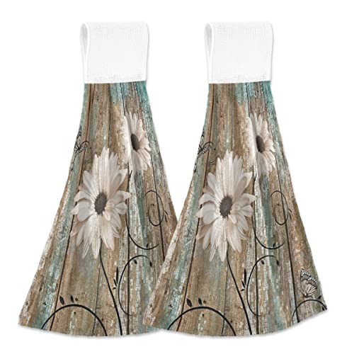 2Pcs Rustic Daisy Flower Kitchen Hand Towels Vintage Wooden Board Hanging Tie Towels with Loop & Hook Soft Vintage White Flower Rustic Barnwood Dishcloths for Bathroom Washroom Guestroom Hotel