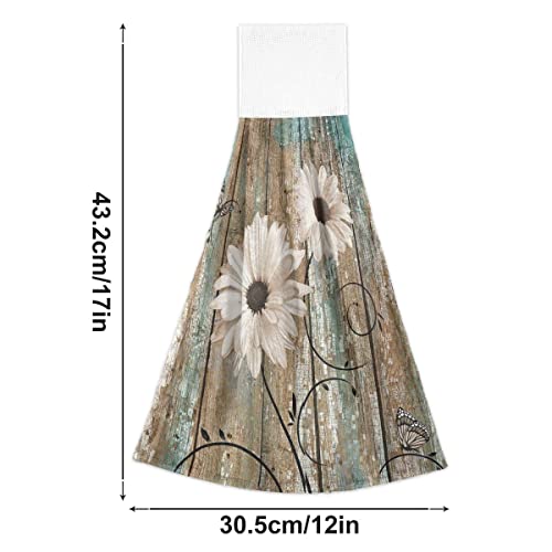 2Pcs Rustic Daisy Flower Kitchen Hand Towels Vintage Wooden Board Hanging Tie Towels with Loop & Hook Soft Vintage White Flower Rustic Barnwood Dishcloths for Bathroom Washroom Guestroom Hotel