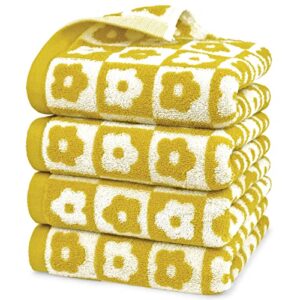 4 pack cotton hand towels for bathroom kitchen - soft and quick drying face towels checkered floral yellow, 410 gsm, 29” x 13”