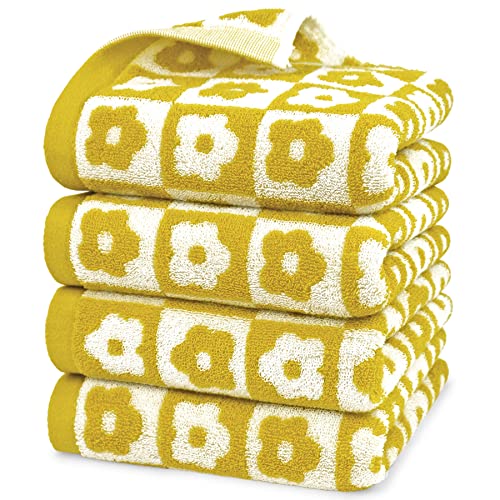 4 Pack Cotton Hand Towels for Bathroom Kitchen - Soft and Quick Drying Face Towels Checkered Floral Yellow, 410 GSM, 29” x 13”