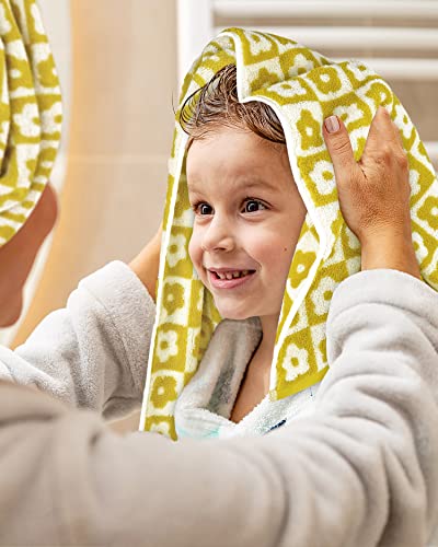 4 Pack Cotton Hand Towels for Bathroom Kitchen - Soft and Quick Drying Face Towels Checkered Floral Yellow, 410 GSM, 29” x 13”