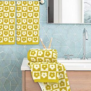 4 Pack Cotton Hand Towels for Bathroom Kitchen - Soft and Quick Drying Face Towels Checkered Floral Yellow, 410 GSM, 29” x 13”