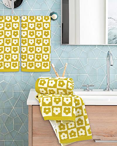 4 Pack Cotton Hand Towels for Bathroom Kitchen - Soft and Quick Drying Face Towels Checkered Floral Yellow, 410 GSM, 29” x 13”