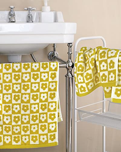 4 Pack Cotton Hand Towels for Bathroom Kitchen - Soft and Quick Drying Face Towels Checkered Floral Yellow, 410 GSM, 29” x 13”