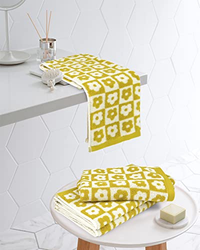 4 Pack Cotton Hand Towels for Bathroom Kitchen - Soft and Quick Drying Face Towels Checkered Floral Yellow, 410 GSM, 29” x 13”