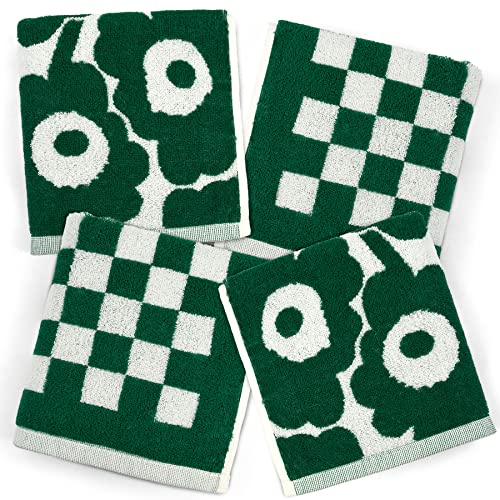 Soft Hand Towels for Bathroom Checkered and Sun Floral - 2 Styles 4 Pack Cotton Hand Towel Set - Dark Green