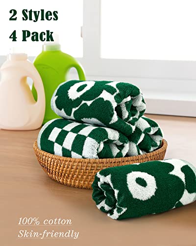 Soft Hand Towels for Bathroom Checkered and Sun Floral - 2 Styles 4 Pack Cotton Hand Towel Set - Dark Green