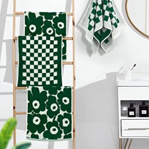 Soft Hand Towels for Bathroom Checkered and Sun Floral - 2 Styles 4 Pack Cotton Hand Towel Set - Dark Green