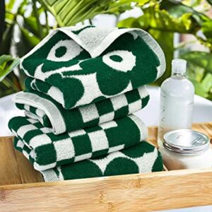 Soft Hand Towels for Bathroom Checkered and Sun Floral - 2 Styles 4 Pack Cotton Hand Towel Set - Dark Green