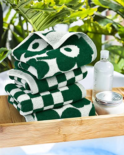 Soft Hand Towels for Bathroom Checkered and Sun Floral - 2 Styles 4 Pack Cotton Hand Towel Set - Dark Green