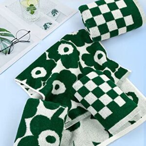 Soft Hand Towels for Bathroom Checkered and Sun Floral - 2 Styles 4 Pack Cotton Hand Towel Set - Dark Green